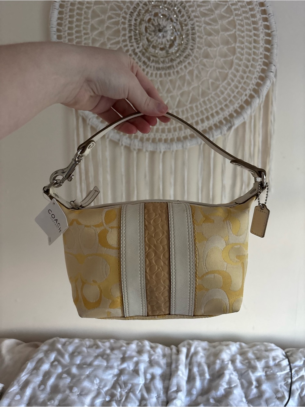 COACH Yellow and Cream Signature Stripe Shoulder Bag